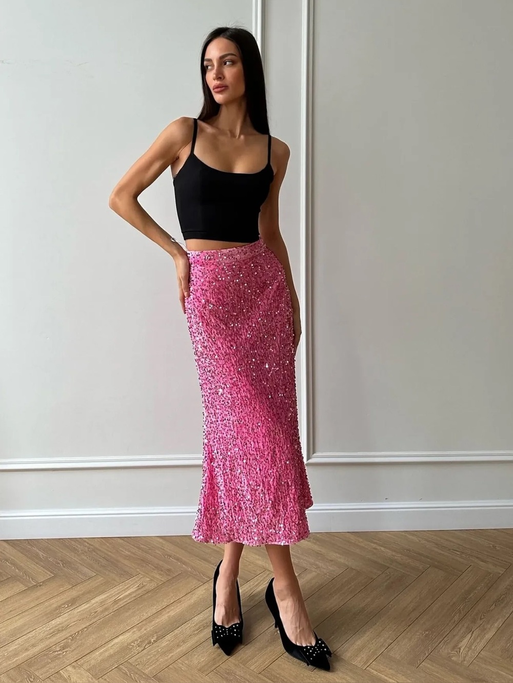 NWT Post Meridiem Sequin Decorated Velvet Midi Skirt in Pink